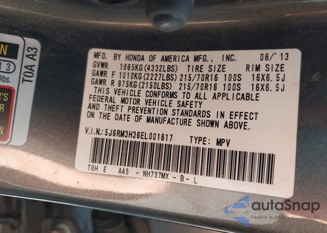 2014 Honda Cr-V Lx из США, поврежденный, VIN 5J6RM3H36EL001617